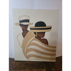 Original June Marie Multicolor Two African Woman Oil Canvas Painting 20"x 17"